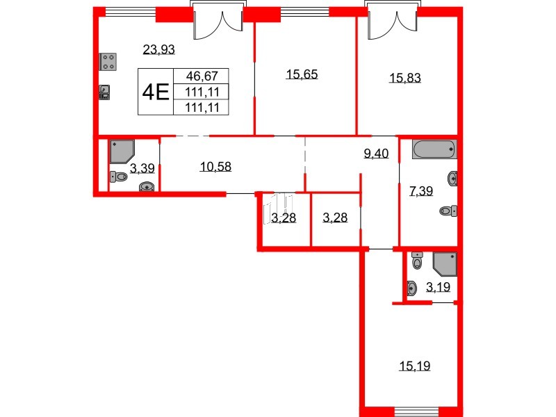 Квартира в ЖК Бакунина 33 ЖК, 3 комнатная, 111.11 м², 2 этаж
