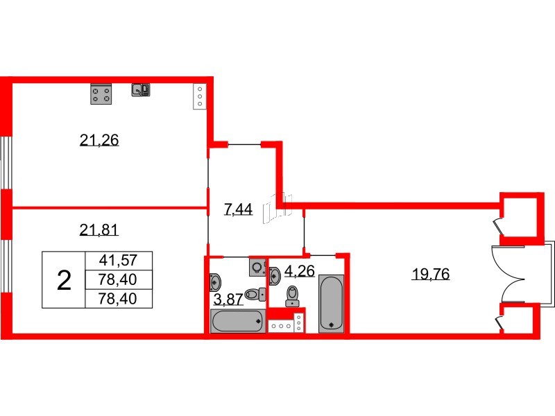 Квартира в ЖК Бакунина 33 ЖК, 2 комнатная, 78.4 м², 9 этаж