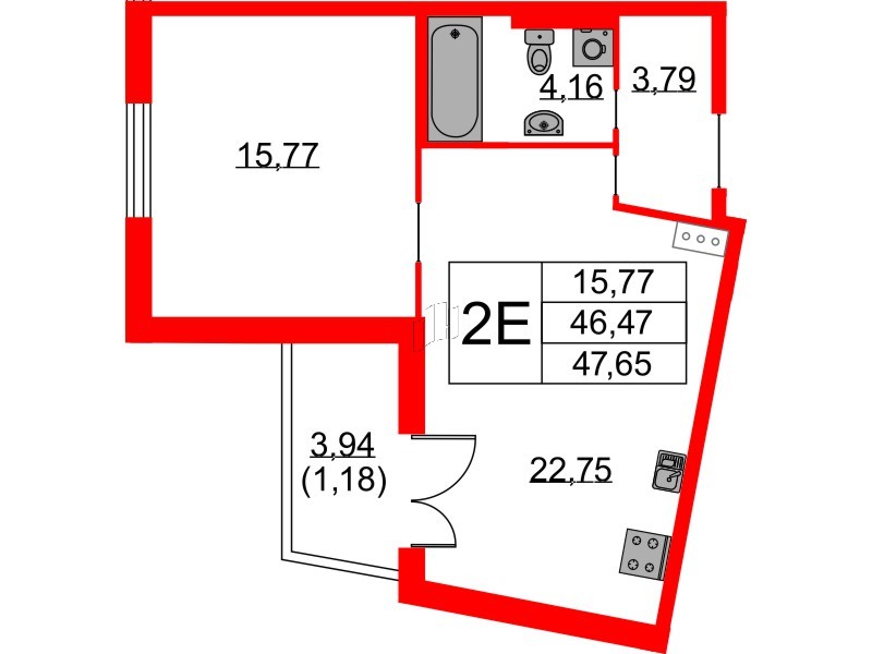 Квартира в ЖК Бакунина 33 ЖК, 1 комнатная, 47.65 м², 9 этаж