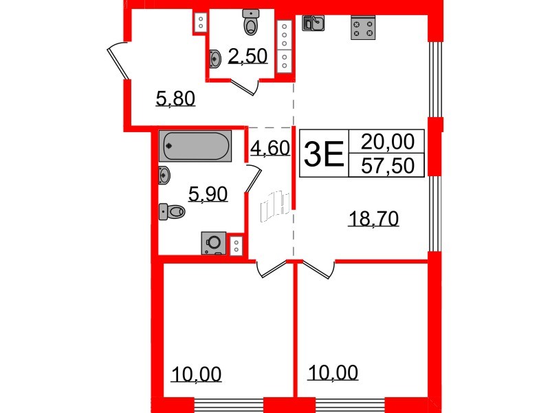 Квартира в ЖК Струны, 2 комнатная, 57.5 м², 13 этаж