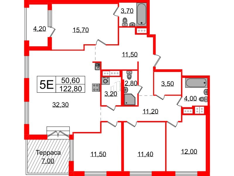 Квартира в ЖК Струны, 4 комнатная, 122.8 м², 22 этаж