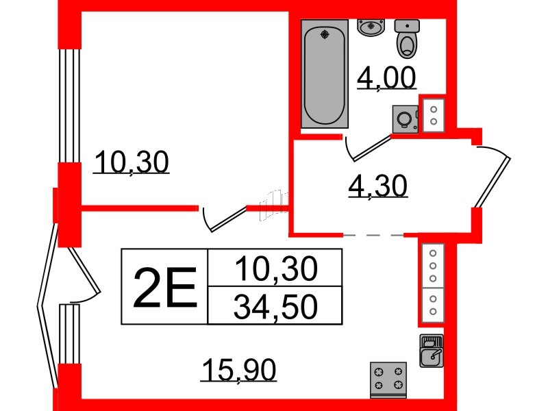 Квартира в ЖК Струны, 1 комнатная, 34.5 м², 13 этаж