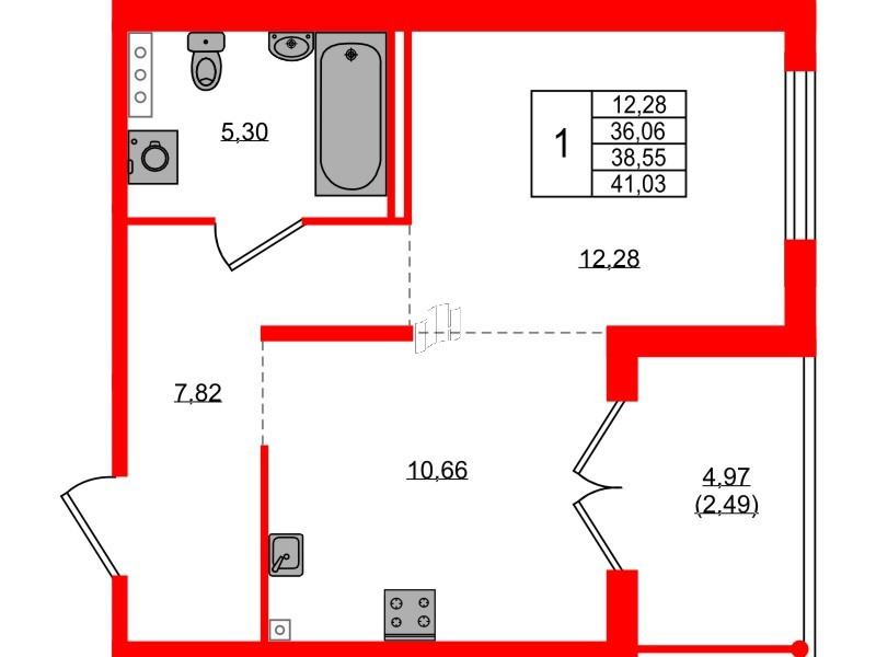 Квартира в ЖК Образцовый квартал, 1 комнатная, 36.06 м², 1 этаж