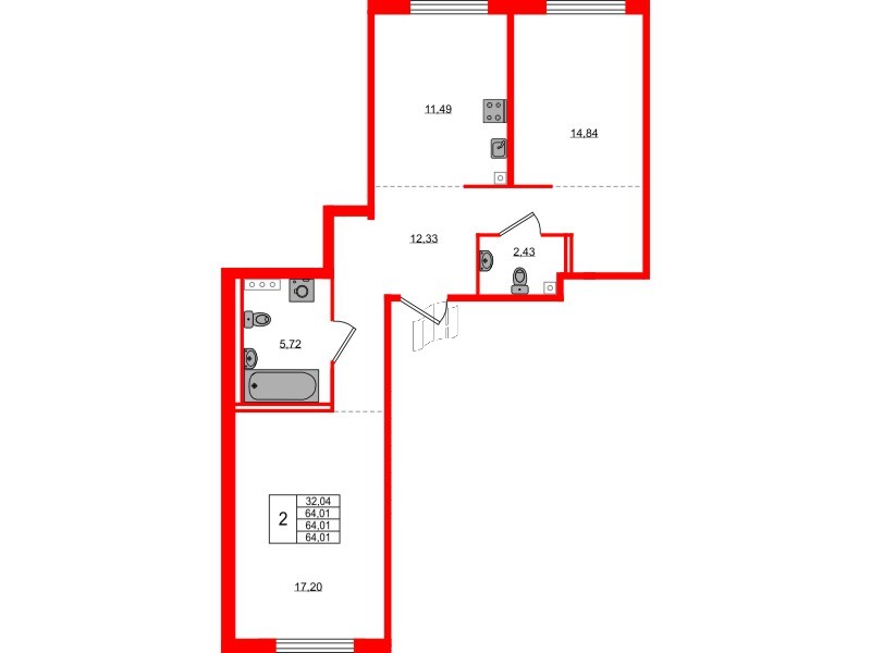 Квартира в ЖК Образцовый квартал, 2 комнатная, 64.01 м², 1 этаж