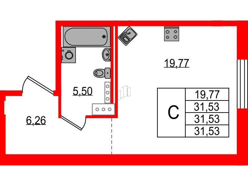 Квартира в ЖК Образцовый квартал, студия, 31.53 м², 2 этаж