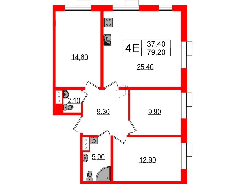 Квартира в ЖК Парусная 1, 3 комнатная, 79.2 м², 4 этаж