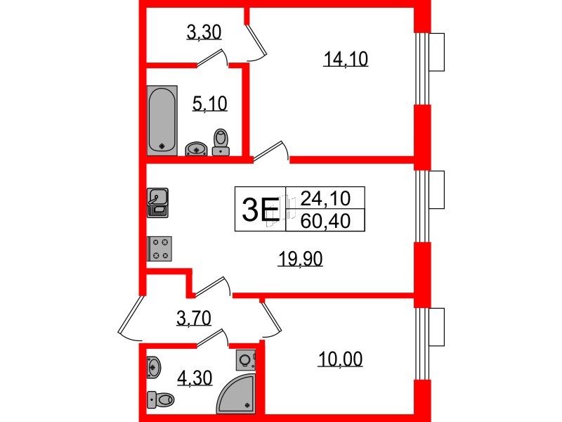 Квартира в ЖК Парусная 1, 2 комнатная, 60.4 м², 2 этаж