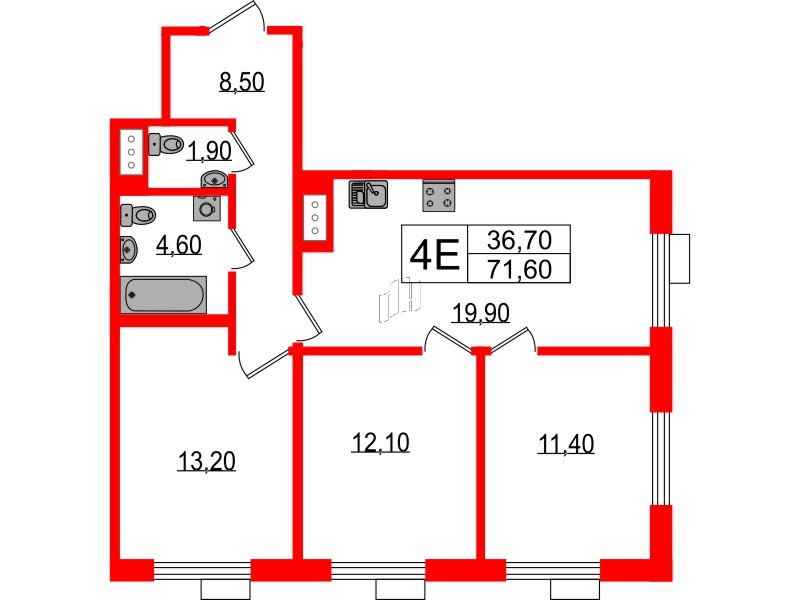 Квартира в ЖК Парусная 1, 3 комнатная, 71.6 м², 10 этаж