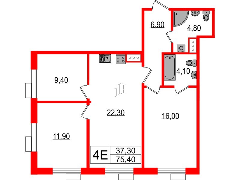 Квартира в ЖК Парусная 1, 3 комнатная, 75.4 м², 9 этаж