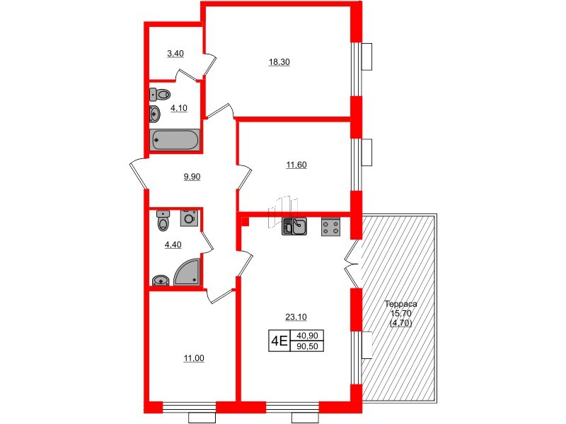 Квартира в ЖК Парусная 1, 3 комнатная, 90.5 м², 1 этаж