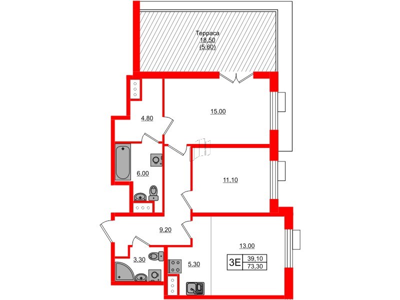 Квартира в ЖК Парусная 1, 2 комнатная, 73.3 м², 4 этаж