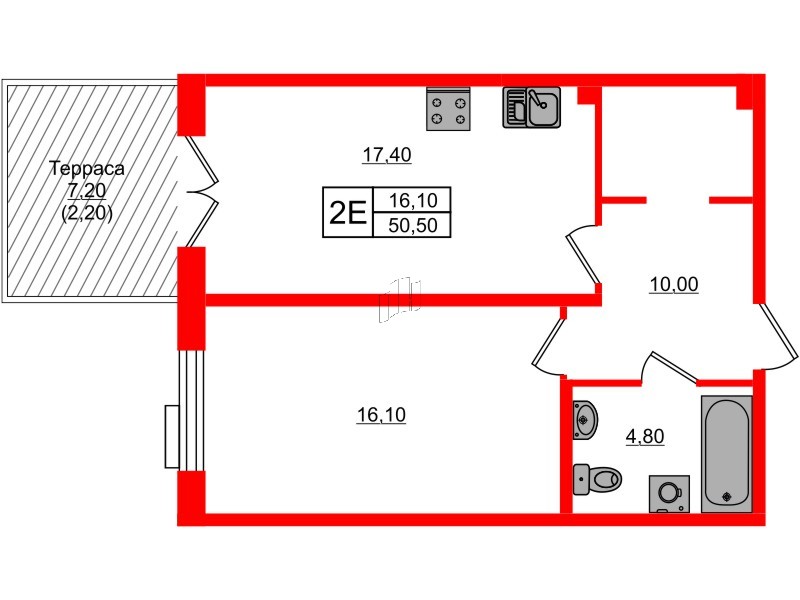 Квартира в ЖК Парусная 1, 1 комнатная, 50.5 м², 1 этаж