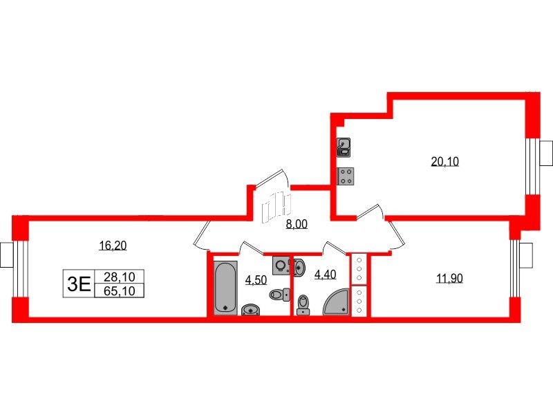 Квартира в ЖК Парусная 1, 2 комнатная, 65.1 м², 2 этаж