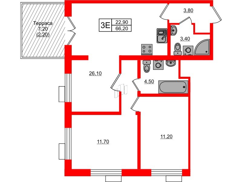 Квартира в ЖК Парусная 1, 2 комнатная, 66.2 м², 1 этаж