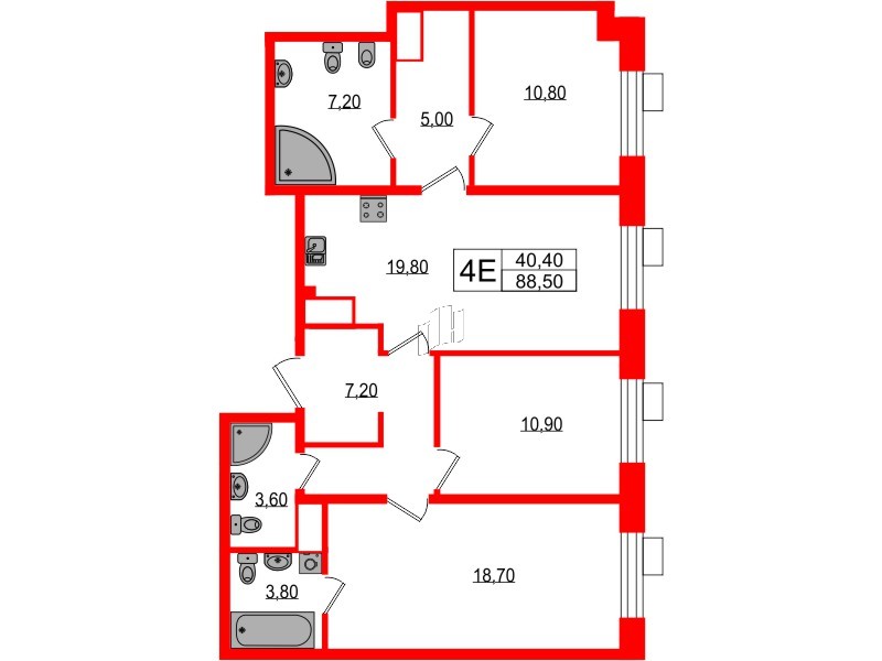 Квартира в ЖК Парусная 1, 3 комнатная, 88.5 м², 2 этаж