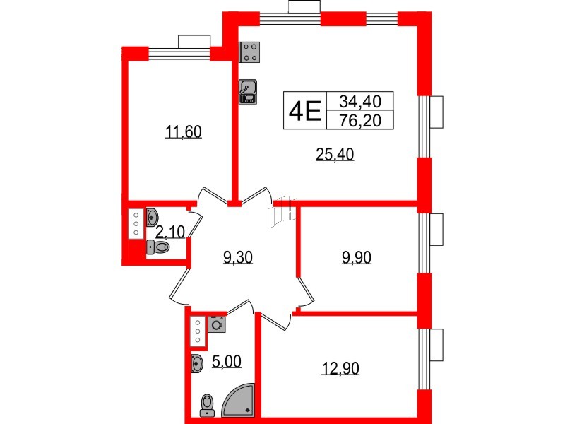 Квартира в ЖК Парусная 1, 3 комнатная, 76.2 м², 3 этаж