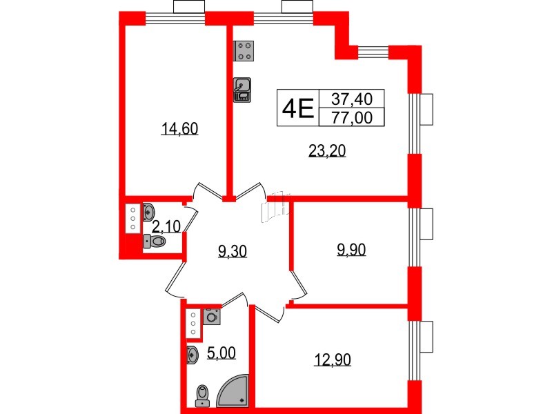 Квартира в ЖК Парусная 1, 3 комнатная, 77 м², 7 этаж
