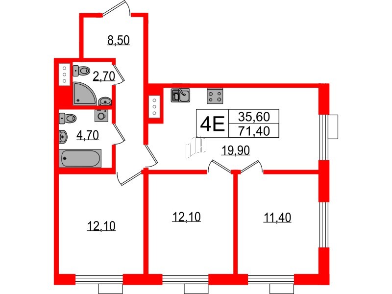 Квартира в ЖК Парусная 1, 3 комнатная, 71.4 м², 7 этаж