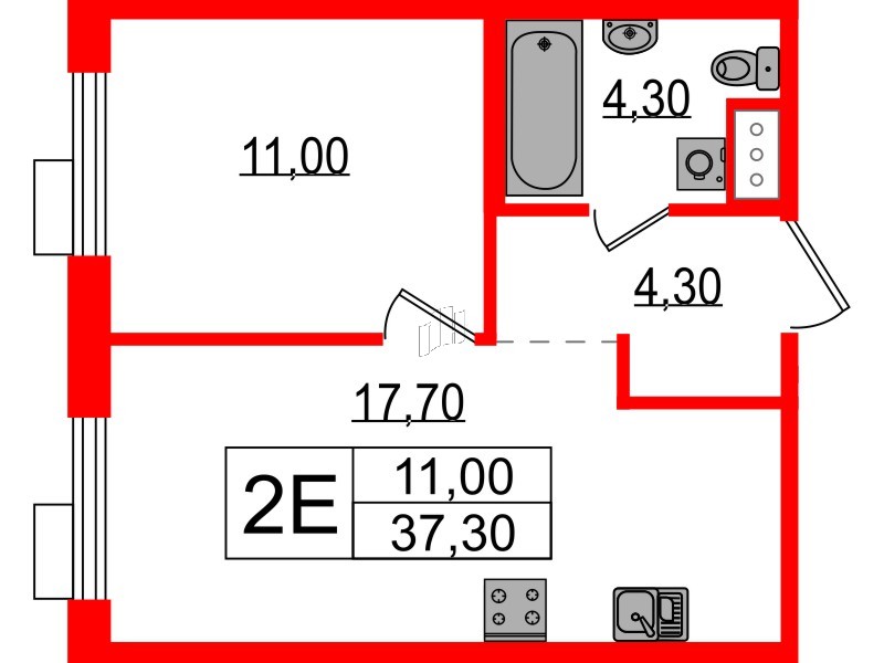 Квартира в ЖК Парусная 1, 1 комнатная, 37.3 м², 11 этаж
