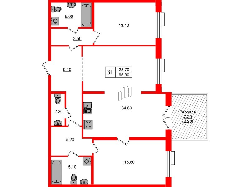 Квартира в ЖК Парусная 1, 2 комнатная, 95.9 м², 1 этаж