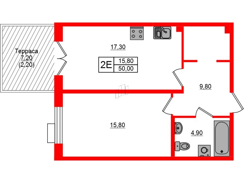 Квартира в ЖК Парусная 1, 1 комнатная, 50 м², 1 этаж