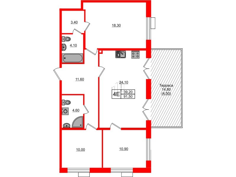 Квартира в ЖК Парусная 1, 3 комнатная, 91.5 м², 1 этаж