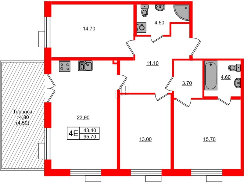 Квартира в ЖК Парусная 1, 3 комнатная, 95.7 м², 1 этаж
