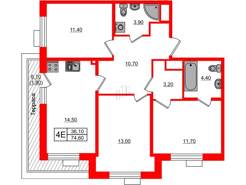 Квартира в ЖК Парусная 1, 3 комнатная, 74.6 м², 6 этаж