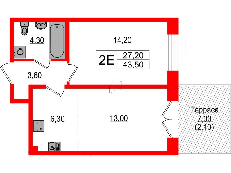 Квартира в ЖК Парусная 1, 1 комнатная, 43.5 м², 1 этаж