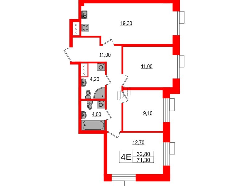 Квартира в ЖК Парусная 1, 3 комнатная, 71.3 м², 2 этаж