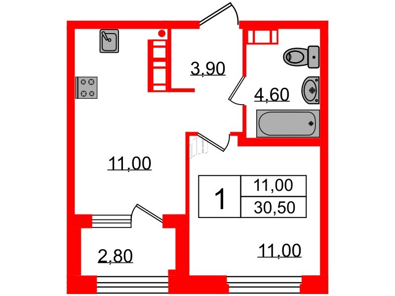 Квартира в ЖК Куинджи, 1 комнатная, 31.9 м², 14 этаж