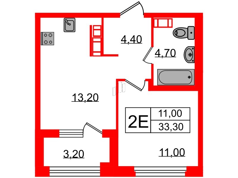 Квартира в ЖК Куинджи, 1 комнатная, 33.3 м², 8 этаж