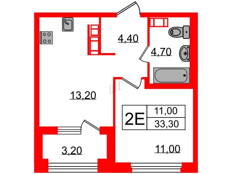 Квартира в ЖК Куинджи, 1 комнатная, 33.3 м², 13 этаж