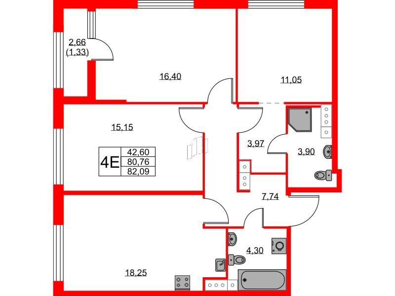 Квартира в ЖК Академик, 3 комнатная, 82.09 м², 10 этаж