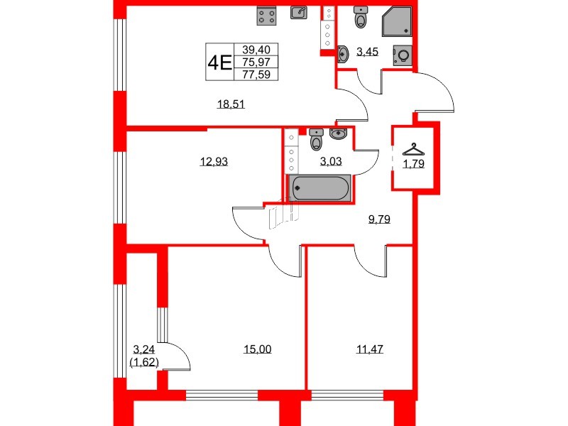 Квартира в ЖК Академик, 3 комнатная, 77.59 м², 12 этаж