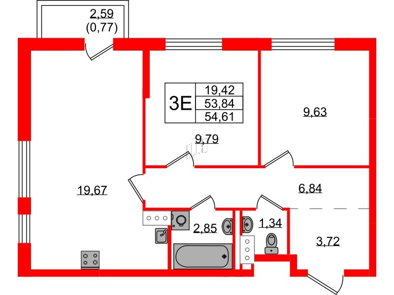 Квартира в ЖК Квартал Торики, 2 комнатная, 54.61 м², 7 этаж