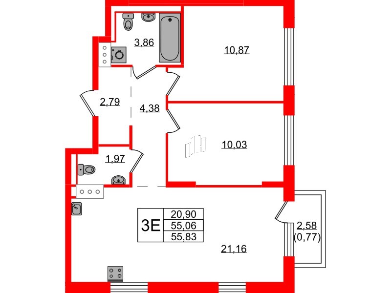 Квартира в ЖК Квартал Торики, 2 комнатная, 55.83 м², 7 этаж