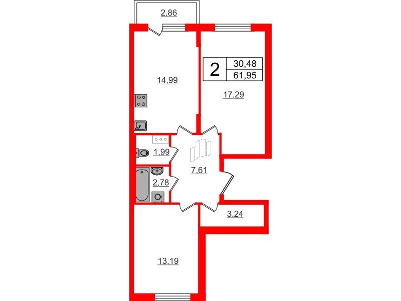 Квартира в ЖК «Аннино Сити», 2 комнатная, 61.95 м², 4 этаж