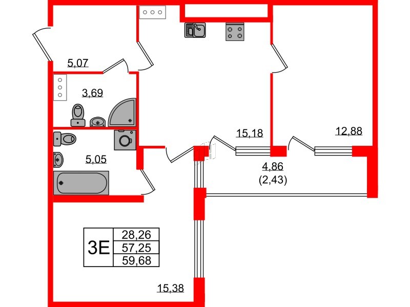 Квартира в ЖК Квартал Заречье, 2 комнатная, 59.68 м², 4 этаж
