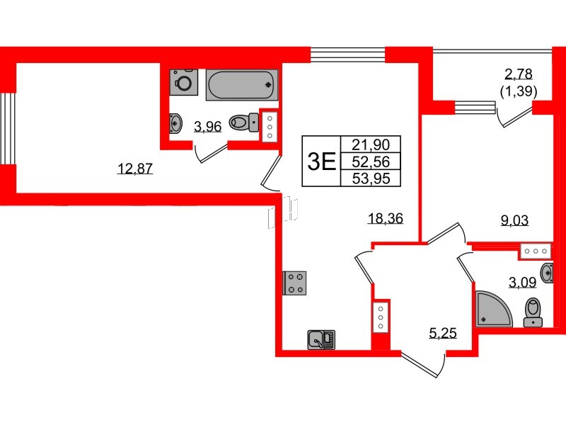Квартира в ЖК Квартал Заречье, 2 комнатная, 53.95 м², 7 этаж