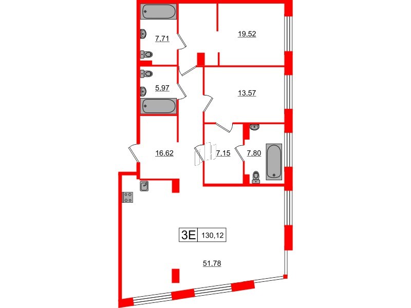Апартаменты в ЖК 17/33 Петровский Остров, 2 комнатные, 130.12 м², 4 этаж