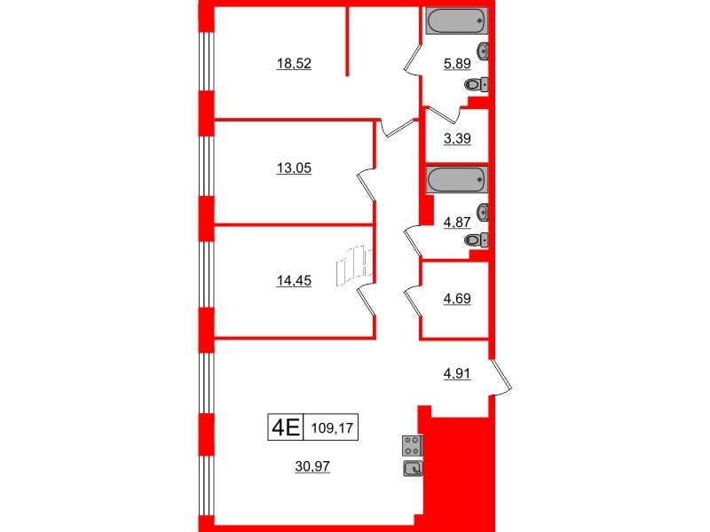 Апартаменты в ЖК 17/33 Петровский Остров, 3 комнатные, 109.17 м², 3 этаж
