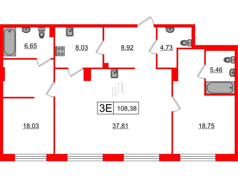 Апартаменты в ЖК 17/33 Петровский Остров, 2 комнатные, 108.38 м², 5 этаж