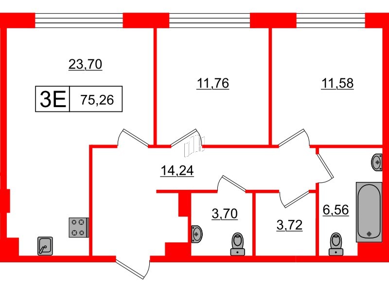 Апартаменты в ЖК 17/33 Петровский Остров, 2 комнатные, 75.26 м², 5 этаж