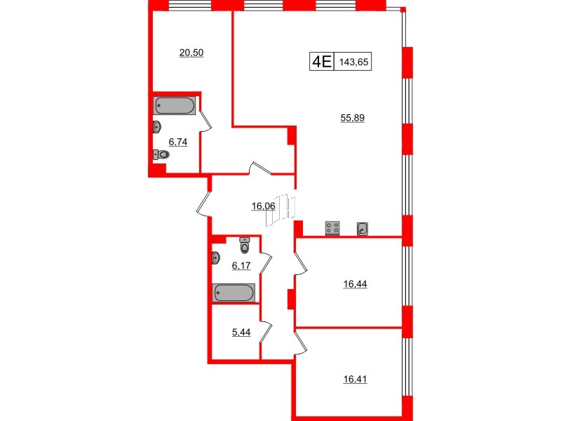 Апартаменты в ЖК 17/33 Петровский Остров, 3 комнатные, 143.65 м², 5 этаж