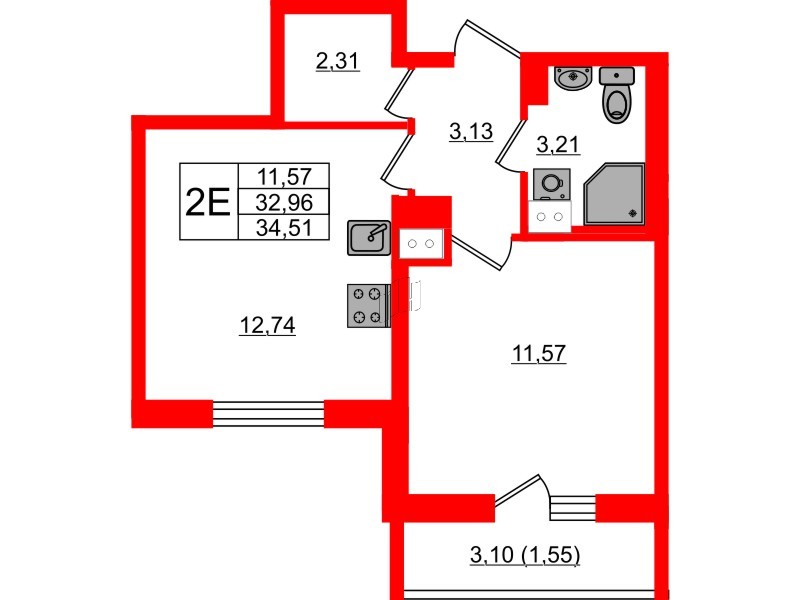 Квартира в ЖК «Кинопарк», 1 комнатная, 34.51 м², 8 этаж