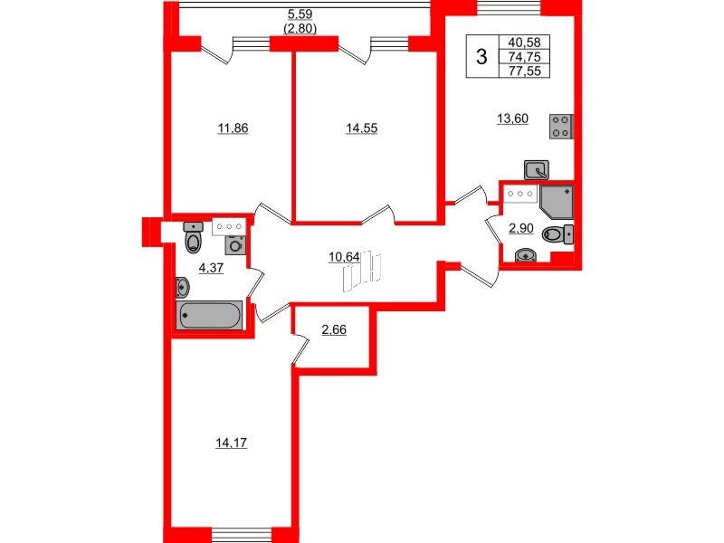 Квартира в ЖК Кинопарк, 3 комнатная, 77.55 м², 7 этаж