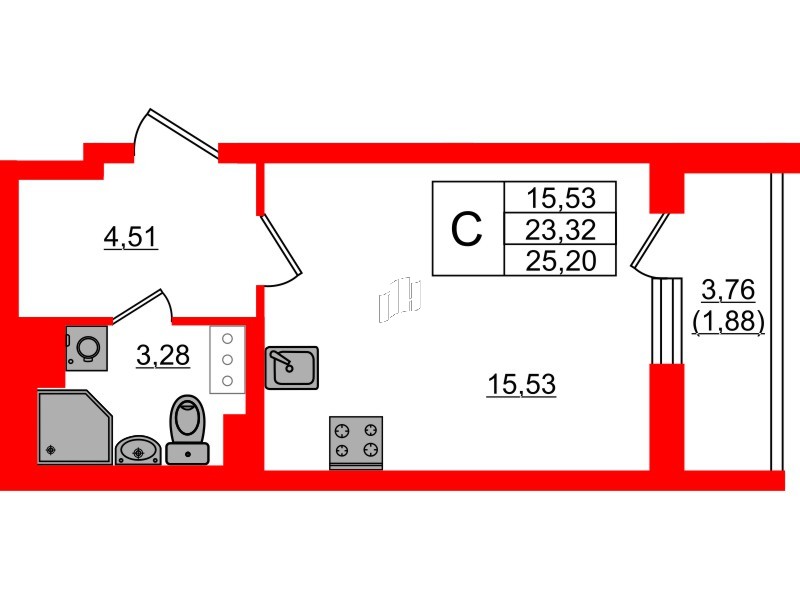 Квартира в ЖК Кинопарк, студия, 25.2 м², 8 этаж