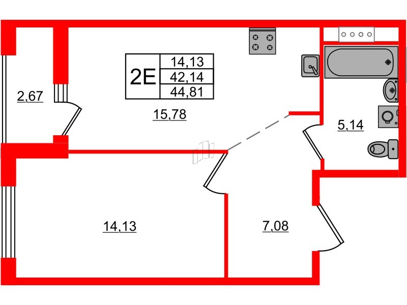 Квартира в ЖК ЦДС Новосаратовка «Город первых», 1 комнатная, 44.81 м², 16 этаж