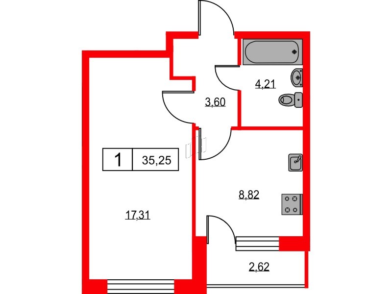 Квартира в ЖК Урбанист, 1 комнатная, 35.25 м², 2 этаж
